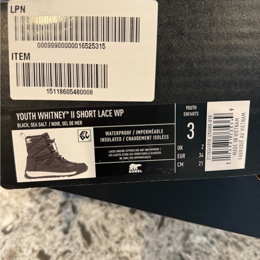 Sorel Youth Whitney II Short Lace Waterproof Boots - Black